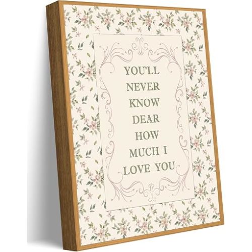 Floating Framed Boho Cute Nursery Canvas Wall Art, You'll Never Know Dear How Much I Love You Quote Painting Picture Wall Decor, Vintage Pink Wildflower Poster Print Artwork for Girl Room, 12x16 inch