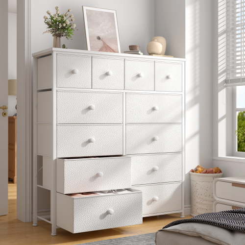 Romorgniz Tall Dresser for Bedroom with 12 Drawers White Dresser for Closet Fabric Chests of Drawers, Sturdy Metal Frame, Wood Top