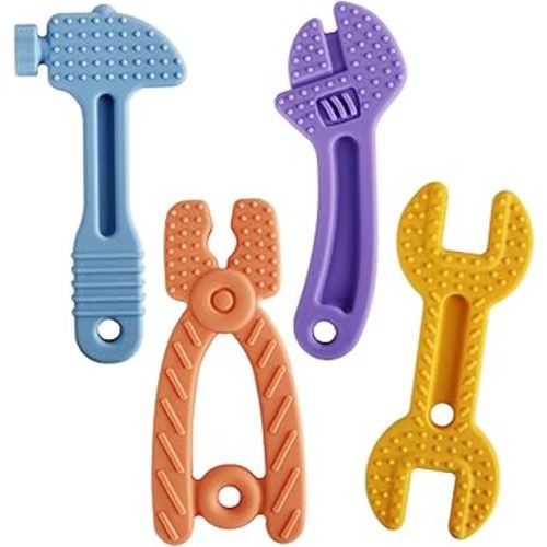 Fu Store 4 Pack Soft Silicone Teething Toys for 0-12 Months 6-24 Months Toddlers Infant Hammer Spanner Wrench Pliers Tools Shape Baby Teethers Relief Soothe Babies Gums Set