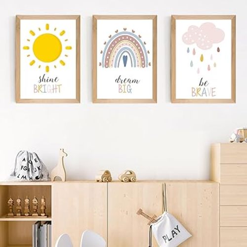 Set of 3 Framed Boho Nursery Wall Art Prints Decor,12x16”Rainbow Weather Wall Decor Inspirational Canvas Wall Art Prints Framed Nursery Children Artwork for Kids Playroom Bedroom Decoration