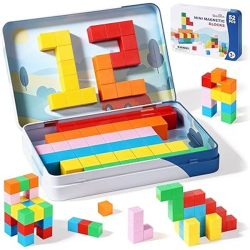 52 PCS Magnetic Blocks with Metal Box, 0.8in Mini Building Cubes Protable Travel Airplane Classroom Toys for Kids Ages 3+, STEM Educational Building Set for Toddlers Boys & Girls Birthday Gifts