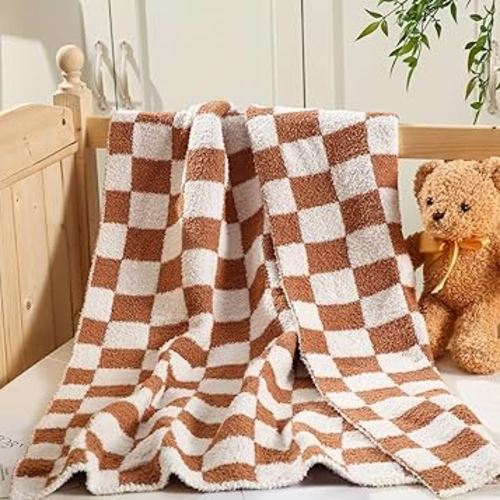 Brown Checkered Blanket Fuzzythrow Blanket Cute Cozy Lightweight Throw for Bed Sofa Couch Chair Soft Home Decorations for Nursery Crib, Girls, 30 x 40 Inch