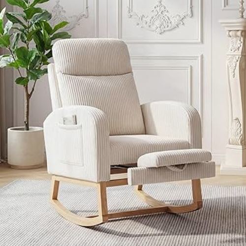 Garvee Nursery Rocking Chair, Corduroy Upholstered Rocking Chair with Adjustable Footrest, Tufted Rocker Chair with Side Pocket, Glider Rocker for Living Room, Bedroom