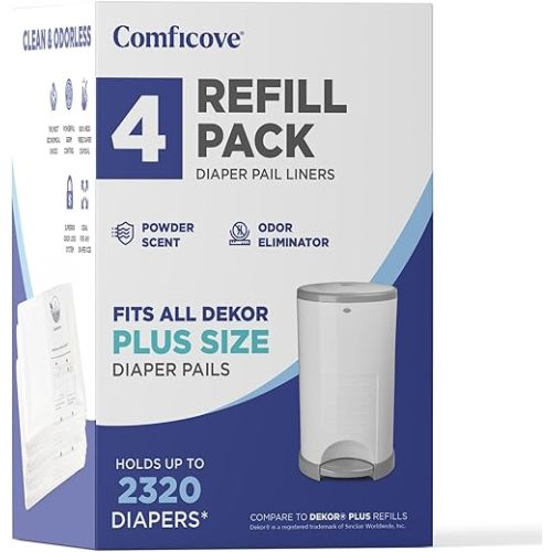 COMFICOVE Refills Compatible with DEKOR PLUS Diaper Pails | 4 Pack | Extra Thick Diaper Pail Refill Liners | Fresh Scent | Easy to Replace and Dispose of Diaper Bag | Odorless Baby Diapers Disposal