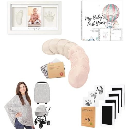 KeaBabies 8-Pack Nursing Pads with Baby Hand and Footprint Kit Frame, Baby Memory Book, Inkless Ink Pads, and Multi-Use Nursing Cover - Thoughtful Keepsake and Shower Gifts for New Mom