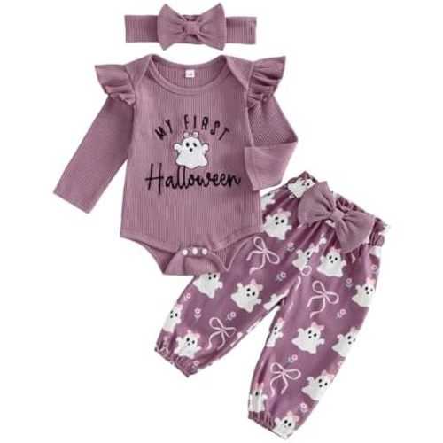 Newborn Baby Girl Halloween Outfit Letter Pumpkin Embroidery Long Sleeve Romper Pants Set Cute Infant Fall Clothes