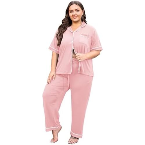 Vozanet Women's Plus Size Pajamas Button Down Shirt and Pants Soft Lounge Sets Bride Nighty Bottom with Pockets 1x to 5x