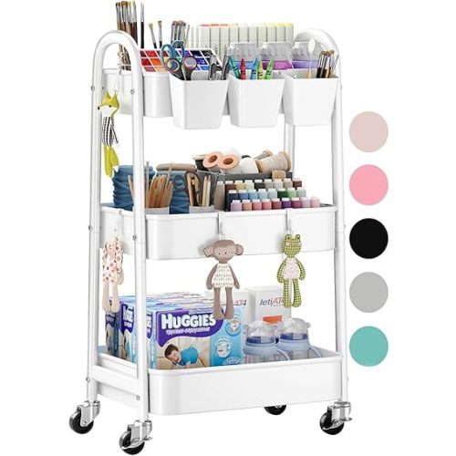 3 Tier Rolling Cart Metal with Wheels, Heavy Duty White Three Tiered Craft Cart Organizer on Wheels, Utility Roller Storage Carts for Art, Baby Nursery, Diaper Caddy, Snack,Book,Nail,Cleaning Supplies