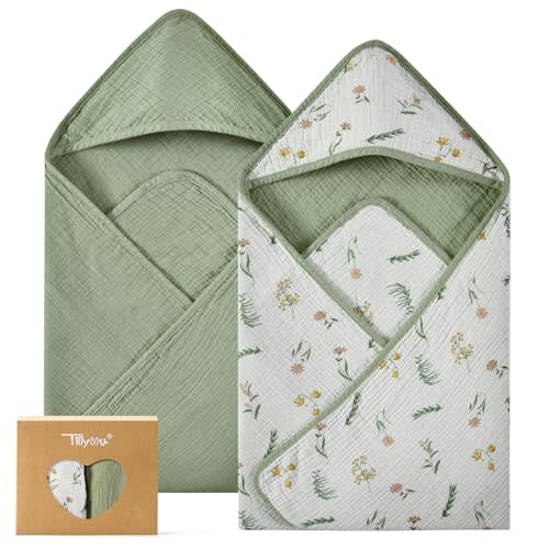 TILLYOU Muslin Hooded Baby Towels for Newborn 2 Pack, 32x32Inch Soft Baby Bath Towel Highly Absorbent for Newborn and Infant, Essential for Newborn Care, Daisy