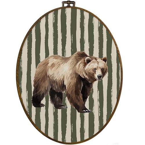 dvhdajed Vintage Brown Bear Oval Wall Art Decor, Sage Green Striped Baby Boy Room Framed Canvas Art, Farmhouse Rustic Bear Wall Hanging Decor for Boys Nursery, Farm Animal Decorations, 8.7x11.3 Inch