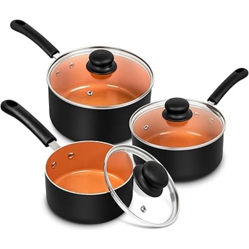 MICHELANGELO Ceramic Saucepan Set 1.5QT & 2QT & 3QT Nonstick Sauce Pans, PFAS-FREE Saucepan with Lid, Copper Saucepans Set of 3, Multipurpose Small Sauce Pot, Non Stick Sauce Pots, Dishwasher Safe