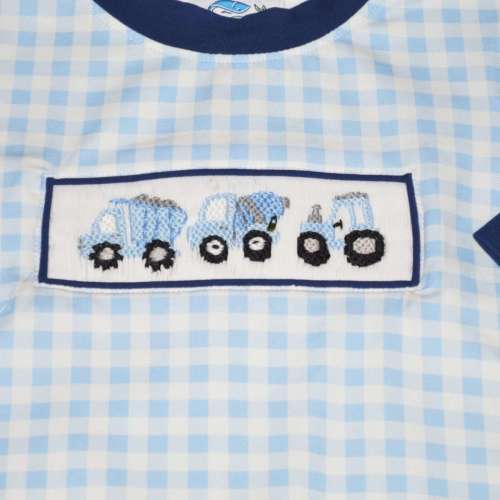 Hand Smocked Baby Blue Construction Romper