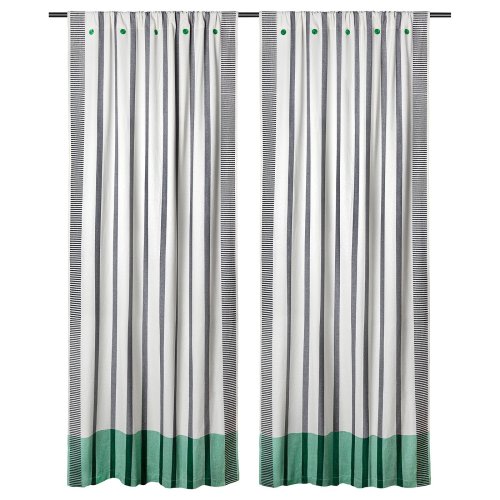 MÄVINN Curtains, 1 pair - black/white/stripe green 43x98 "