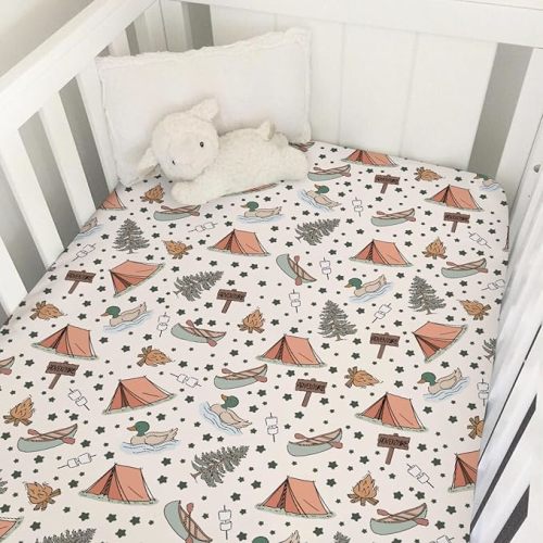 Retro Camping Adventure Baby Crib Sheets for Boy Girl Camp Mallard Ducks Lake Trees Stars Soft Snug Fitted Crib Mattress Covers for 52x28 Standard Crib & Toddler Mattress Summer Camp Outdoor Bed Sheet