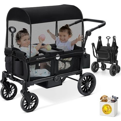 ELEMARA Foldable Wagon Stroller, Stroller Wagon for 2 Kids, Premium All Terrain Wagon for Kids with Removable Canopy, Adjustable Push/Pull Handle, Harnesses, Large Storage Bag, Black