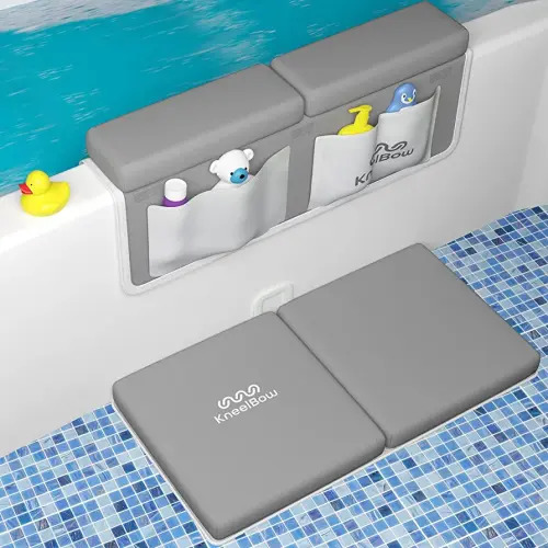 Comfortable Baby Bath Kneeler and Elbow Rest Pad Set. Soft Bathing Mat with Toy Organizer Pockets. Fast-Drying, Foldable, and Non-Slip for Parent's Baby and Toddler Bath Time