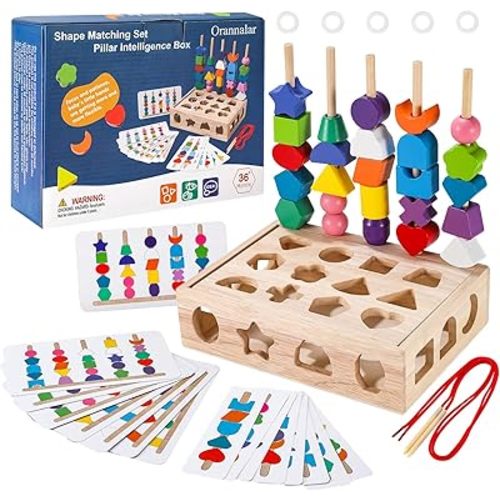 3 in 1 Montessori Wooden Beads Sequencing Toy Set Color Sorting Stacking Geometric Shape Matching Game Beads Sequencing Toy Lacing Beads Stem Fine Motor Skills for Toddlers