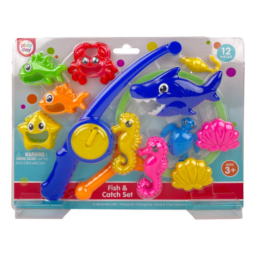 Play Day Fish & Catch 12-Piece Pool and Bath Toy Game, Includes Fishing Net, Pole, Marine Creatures for Kids Ages 3+