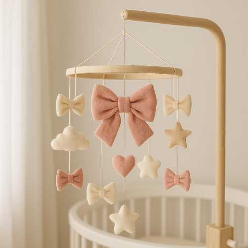 Felt Bow Baby Mobile for Crib, Neutral Nursery Mobile with Hearts Clouds and Stars, Handmade Mobile Girl Room Decor, Pink Baby Shower Gift