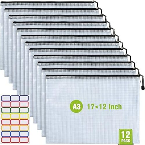 12PCS Mesh Zipper Pouch, Waterproof Tear-Resistant Document File Folders, A3 Size Zipper Documents Pouch Document Organizer Bags for School Office Home Travel Storage(17×12Inch)