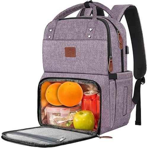 MATEIN Womens Backpack with Lunch Compartment, 17 Inch Laptop Backpack with USB Port, Water Resistant Cooler Backpack Tote Food Bag for Work College Travel Camping Picnic, Gift for Her (Purple)