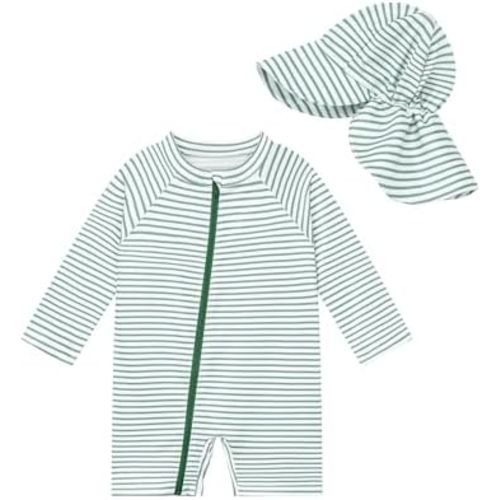 UPF 50+ Baby Toddler Boy One Piece Swimsuit with Sun Hat Long Sleeve Zipper Rashguard Bathing Suit for Infant