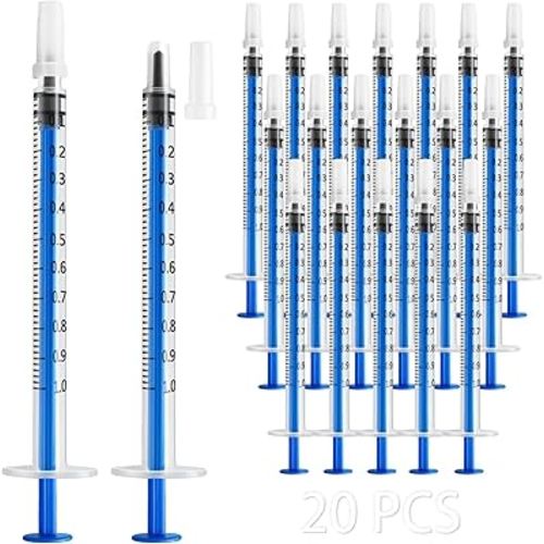 20 Pack 1ml Syringe for Liquid, 1cc Colostrum Syringes, Plastic Small Syringes with Cap for Scientific Labs, Measuring Liquids, Oral Dispenser, Feeding Pets - Individually Sterile Packed