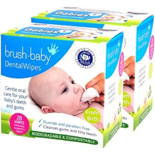 Brush Baby Teething Relief Dental Wipes for Ages 0-Toddler - Naturally Eliminate Teething Pain, Prevent Tooth Decay and Sour Milk Breath - 28 Finger Wipes (2-Pack)