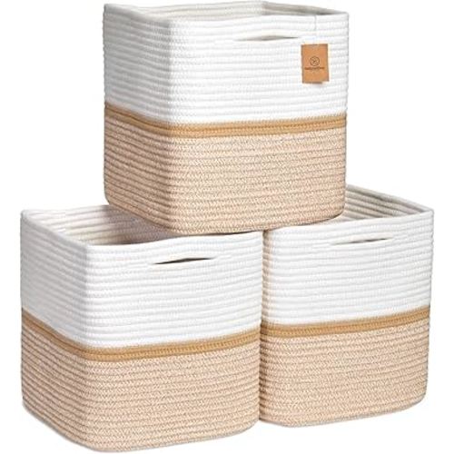 NaturalCozy Storage Cubes 11 Inch Cotton Rope Woven Baskets for Organizing, 3-Pack | Cube Storage Bin | Square Storage Baskets for Shelves Organizer, Classroom, Kids Toy Bins, Closet, Baby Nursery