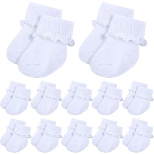 Toulite 12 Pairs Preemie Socks Baby Girls Boys Cotton Premature Ruffle Turn Cuff Sock for Hospital NICU Newborn