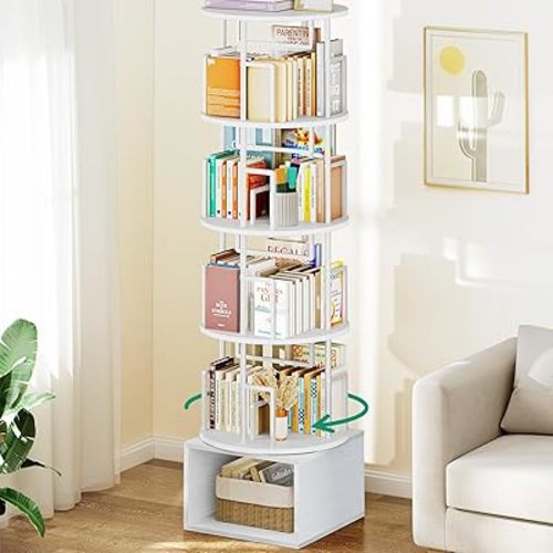 5 Tier Rotating Bookshelf with Extra Storage Cabinet, 360°Spinning Corner Bookshelf, Floor Standing Bookcase for Kids & Adult, Narrow Book Shelf for Bedroom Living Room,Pure White