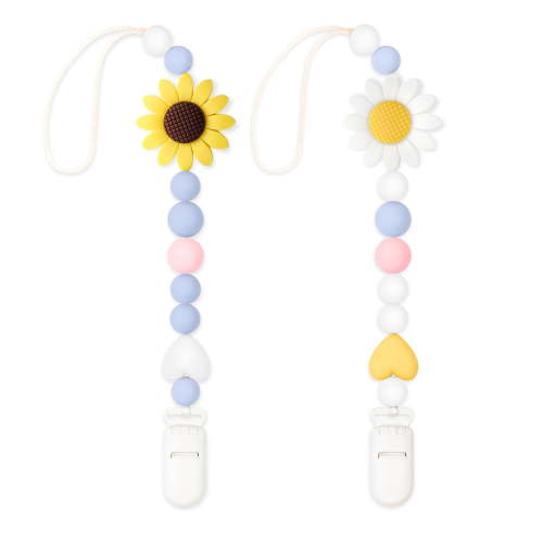 Silicone Pacifier Clip, 2 Pack Pacifier Holder for Boys and Girls, Adorable Sunflower Pacifier Clips Fits for Most Pacifier, Baby Teethers, Baby Shower and Baby Gift(White&Yellow)