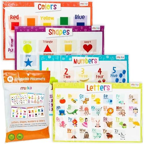 Merka Disposable Placemats for Baby & Toddler - 12 x 18 in, 40-Pack Multicolor - Peel & Stick Adhesive - Sticky Placemats for Toddlers - Educational Numbers, Letters & Shapes