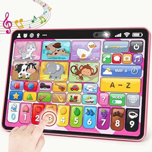 Trilingual Learning Toy Tablet with Music & Sound, Montessori Speech Therapy Toys for 1 Year Old Girl Boy Musical Baby Toy 12-18 Months Toddler Girl Toys Age 1-2 2-3 Birthday Gifts (Pink)