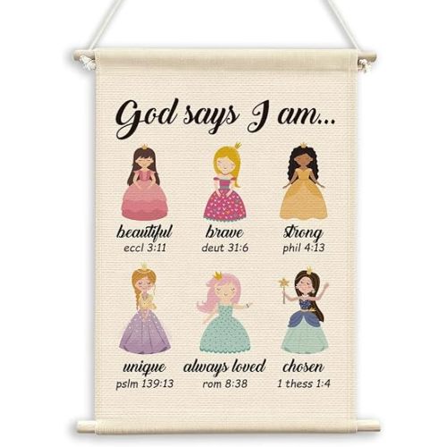 QWFFNBMU Pink Christian Girls Room Princess Wall Decor, Positive Affirmation Toddler Decor for Girls, God Says I Am Bible Verses Wall Canvas Flag Banner Decor for Home Kids Teen Girls Princess Room