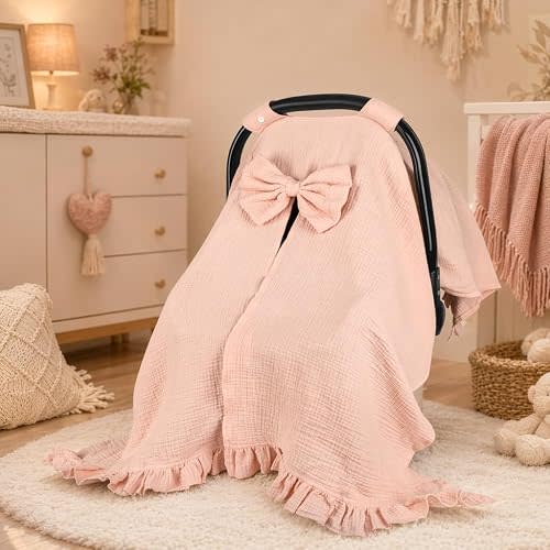 Hooyax Muslin Baby Girl Car Seat Cover – Breathable Summer Car Seat Canopy with Removable Bow & Ruffle, Multi-Functional Stroller Cover & Baby Blanket, Sun Protection, Princess Baby Shower Gift(Pink)