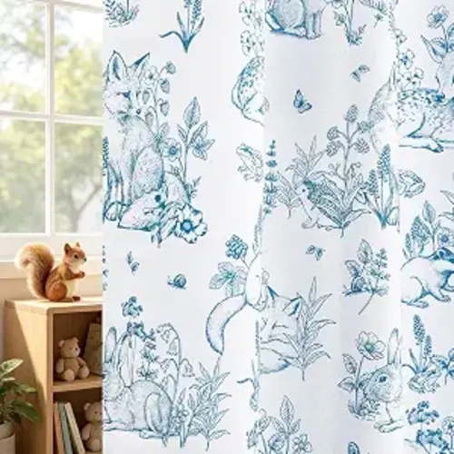 Woodland Animal Blackout Curtains for Baby Nursery Kids Bedroom, Blue White Wildflower Botanical Toile Cottagecore Farmhouse Nature Grommet Room Darkening Window Drapes 2 Panels, 42" W x 63" L
