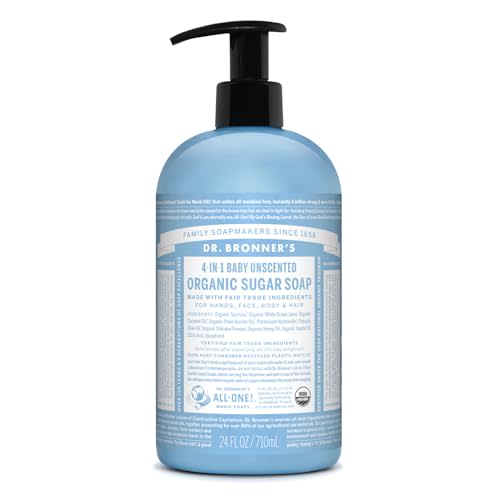 Dr. Bronner's Organic Sugar Soap (Baby Unscented, 24 Ounce) - Made with Regenerative Certified Organic Oils, Sugar & Shikakai Powder, 4-in-1 Use: Hands, Body, Face and Hair- Liquid Soap, Nourishes