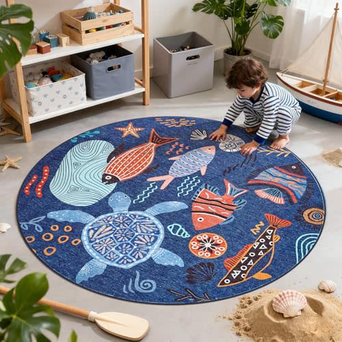 jinchan 4ft Coastal Round Rug Kids Washable Fun Rug Colorful Ocean Fish Small Mat Non Slip 4' Round Soft Circle Mat Lightweight Cozy Carpet for Bedroom Nursery Playroom Dorm Daycare Bathroom Blue