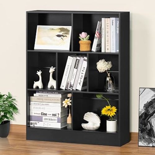 YAHARBO 3 Tier 7 Cube Mini Thin Bookshelf, Short Shallow Bookcase, Black