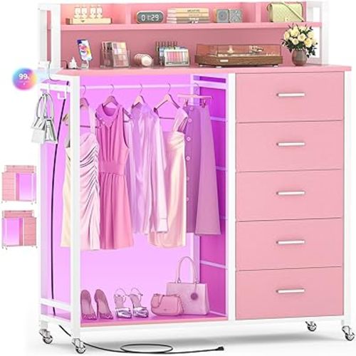 Cyclysio Dresser for Bedroom with Clothes Rack & Shelves, 5 Drawers Dresser with Charging Station & LED Lights, Chest of Drawers with Lockable Wheels, Storage Shelves, Closet, Entryway (Pink)