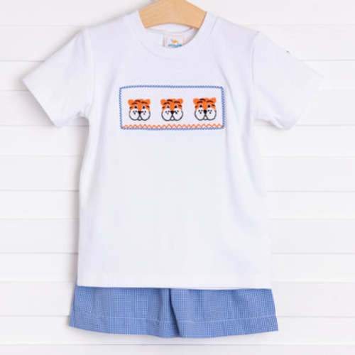 Tiger Smocked Short Set, Blue Gingham – Stitchy Fish