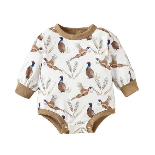 Krdevn Baby Pheasant Wheat Print Long Sleeve Sweatshirt Romper Contrast Rib Fall Casual Outfit Size:6-12 Months