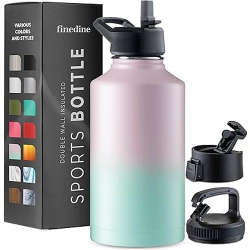 FineDine Water Bottle - Stainless Steel Insulated Water Bottle with Straw Lid, Flip Lid & Wide-Mouth Cap - Keeps Hot and Cold - 64 Oz / 1.89L - Majestic Sapphire