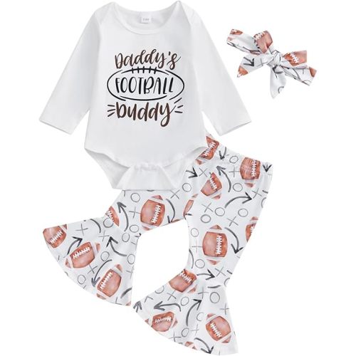 baorji Newborn Baby Girl Football Outfits Daddy’s Football Buddy Long Sleeve Romper Flare Pants Headband Set Fall Clothes (White, 6-12 Months)