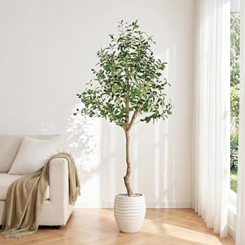 ANTING 6FT Faux Olive Tree, Artificial Olive Trees Indoor with Natural Wood Trunk & Lifelike Fruits, Fake Silk Plant with Pot, Realistic Leaves Artificial Tree for Bedroom, Living Room, Office Decor