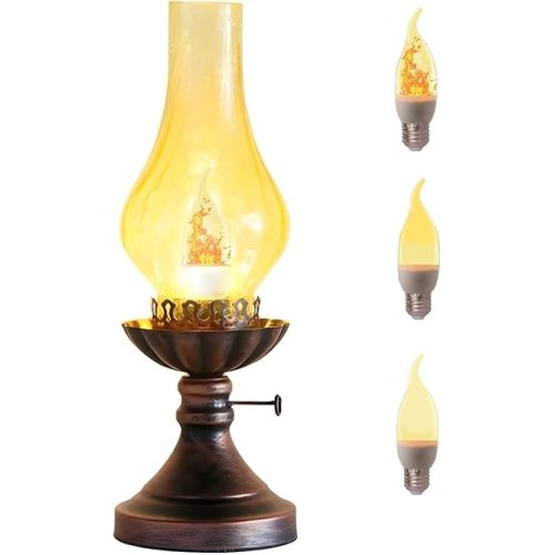 Vintage Table Lamp - 3 - Mode Dimmable Retro Rustic Desk Lamp with Crackle Glass Shade, Antique Victorian Western Style, E26 Bulb Included, Ideal for Bedroom, Living Room, Home Decor (Yellow Glass)