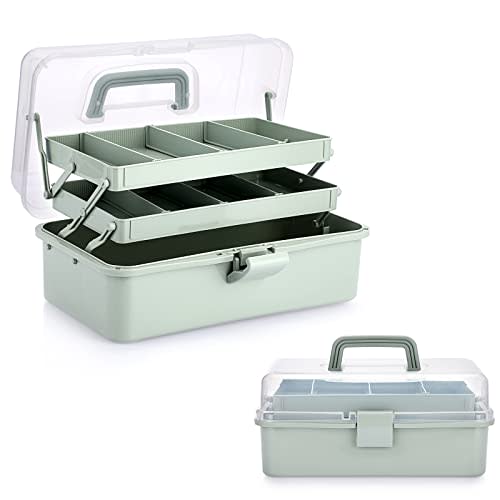 BTSKY 3-Layer Plastic Dividing Storage Box Craft Organizer and Storage | Portable Handled Art Supply Organizer with Adjustable Spacers Multipurpose Home Utility Box for Medicine Sewing(Haze Green)