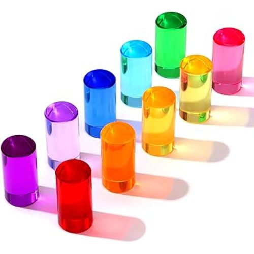 Rainbow Acrylic Blocks, 10 Stackable Cylinders for Kids Ages 3+
