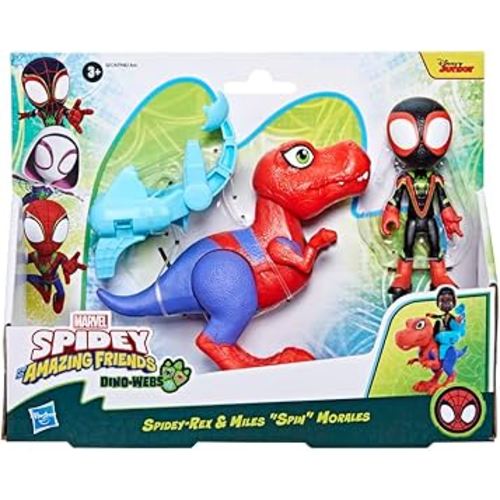 Spidey and his Amazing Friends Marvel Dino-Webs Spidey-Rex & Miles “Spin” Morales 4-inch-Scale Spider-Man Action Figure Set, Toys for Kids